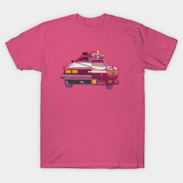 Half n Half Delorean and Ecto 1 T-Shirt by TomRyansStudio